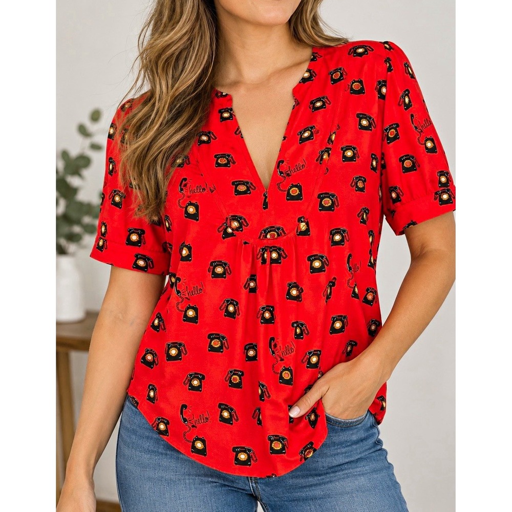 Anthropologie 52 Conversations Colloquial Blouse Red Telephone Print Sz 12